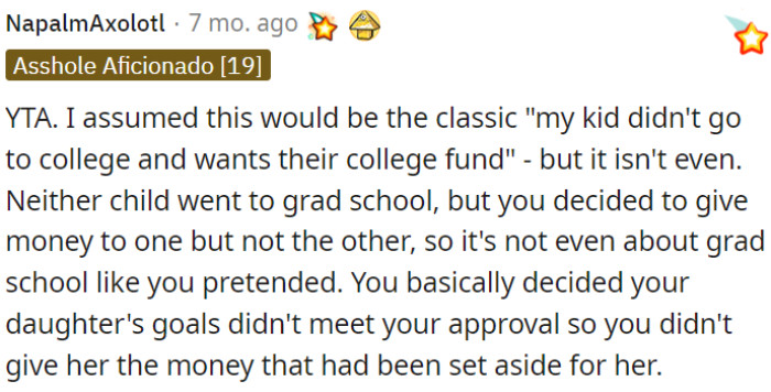 Neither child pursued graduate school, yet OP chose to fund one and not the other.