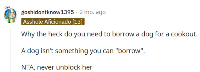 Right, borrowing a dog for a cookout is quite puzzling.