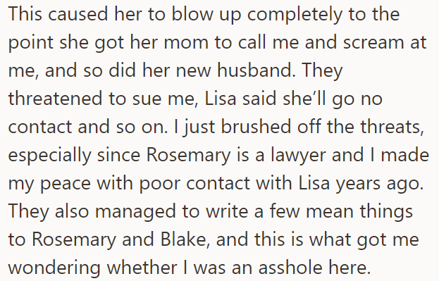 Lisa is enraged by this, as are her mom and stepdad, so the OP wonders if he is in the wrong
