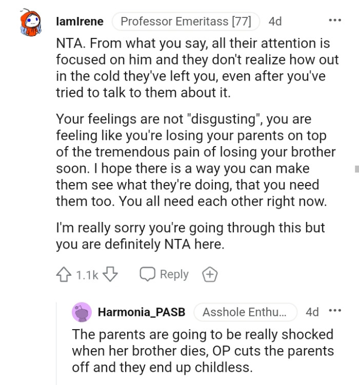 The OP feels like she's losing her parents