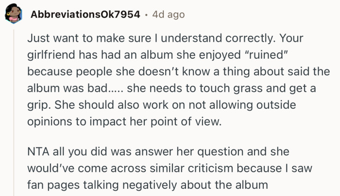 “She needs to touch grass and get a grip.”