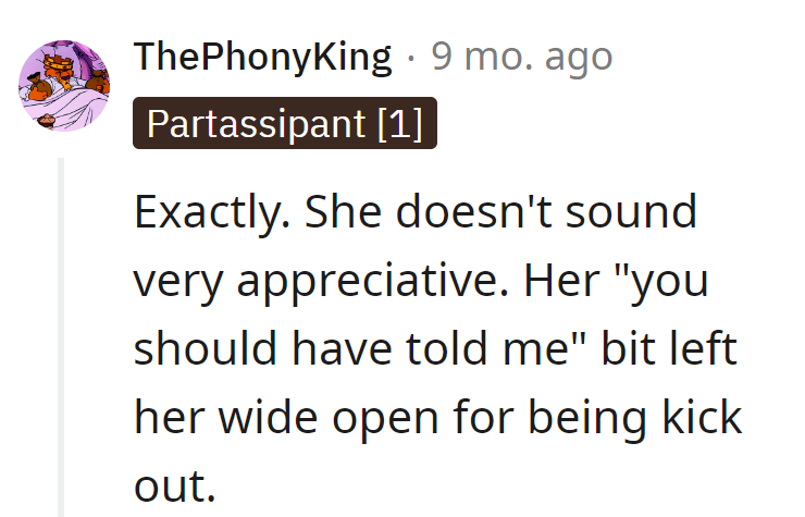 Her gratitude ran out, so did her lease. Door's that way!