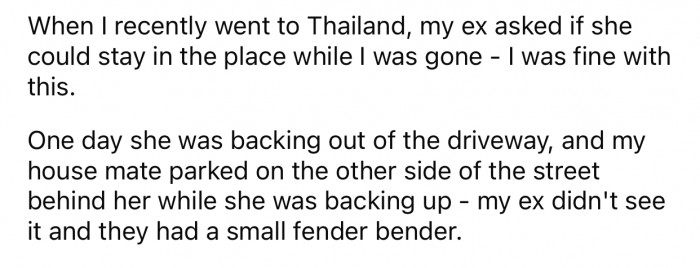 OP's ex asked to stay in the place while he was on vacation.