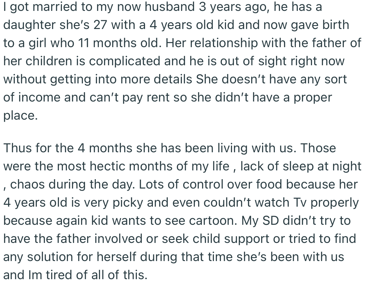 OP’s stepdaughter and her kids have been living with them for the past four months. In OP’s words, it has been the most hectic four months of her life.