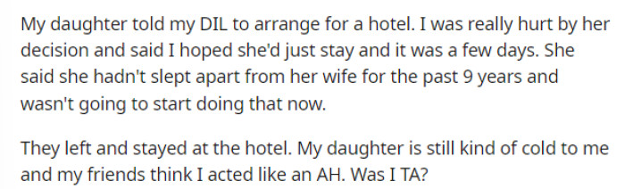 This is when OP expressed that she was hurt because her daughter wanted to get an hotel instead of stay with her mother because of this.