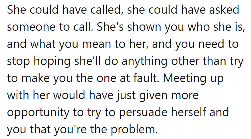She missed the call and the memo. No need to RSVP to her blame party.