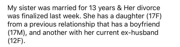 The OP's sister recently finalized her divorce after being married for 13 years.