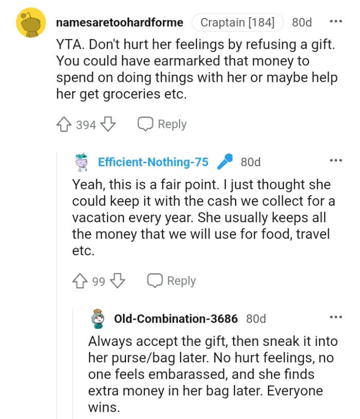 The OP shouldn't hurt her feelings by refusing the gift