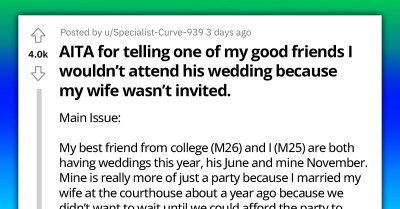 Redditor Chooses Not To Attend Friend's Wedding Because His Wife Was Not Invited
