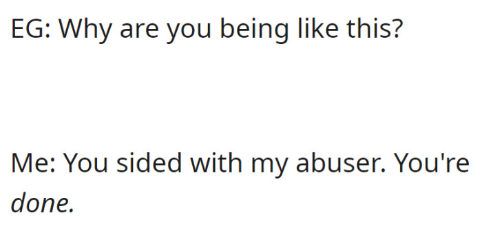 The grandmother (EG) questioned OP's behavior, to which OP responded by cutting ties, citing EG's support of their abuser.