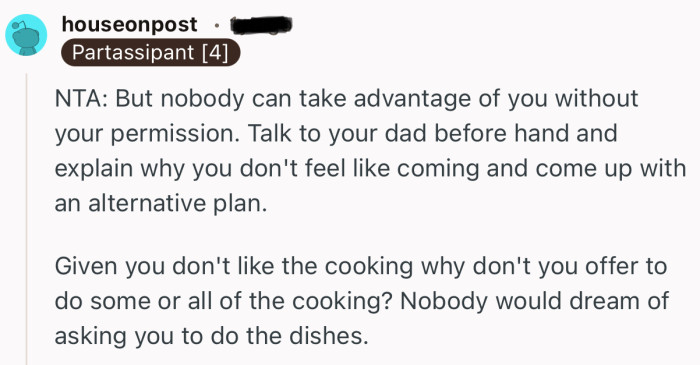 “NTA: But nobody can take advantage of you without your permission.”