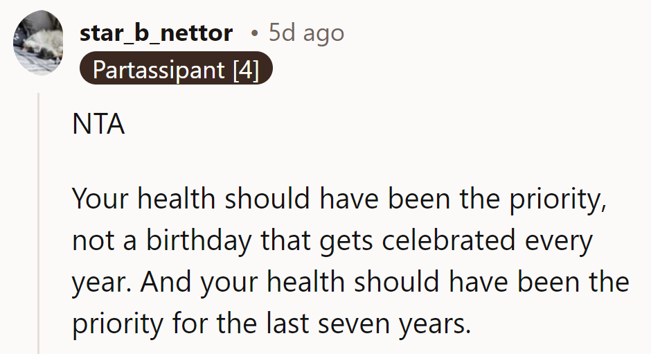 Health over birthdays, especially after seven years of waiting for answers. Priorities, folks!