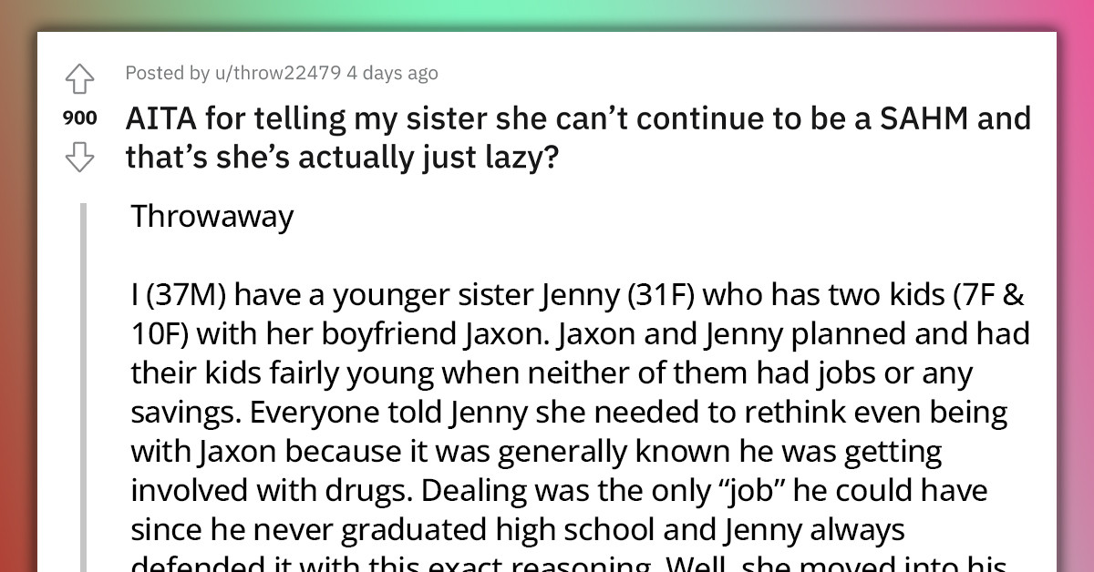 Redditor Calls His Sister Lazy For Wanting To Continue Being A Stay-At-Home Mom After Her Bf Went To Jail