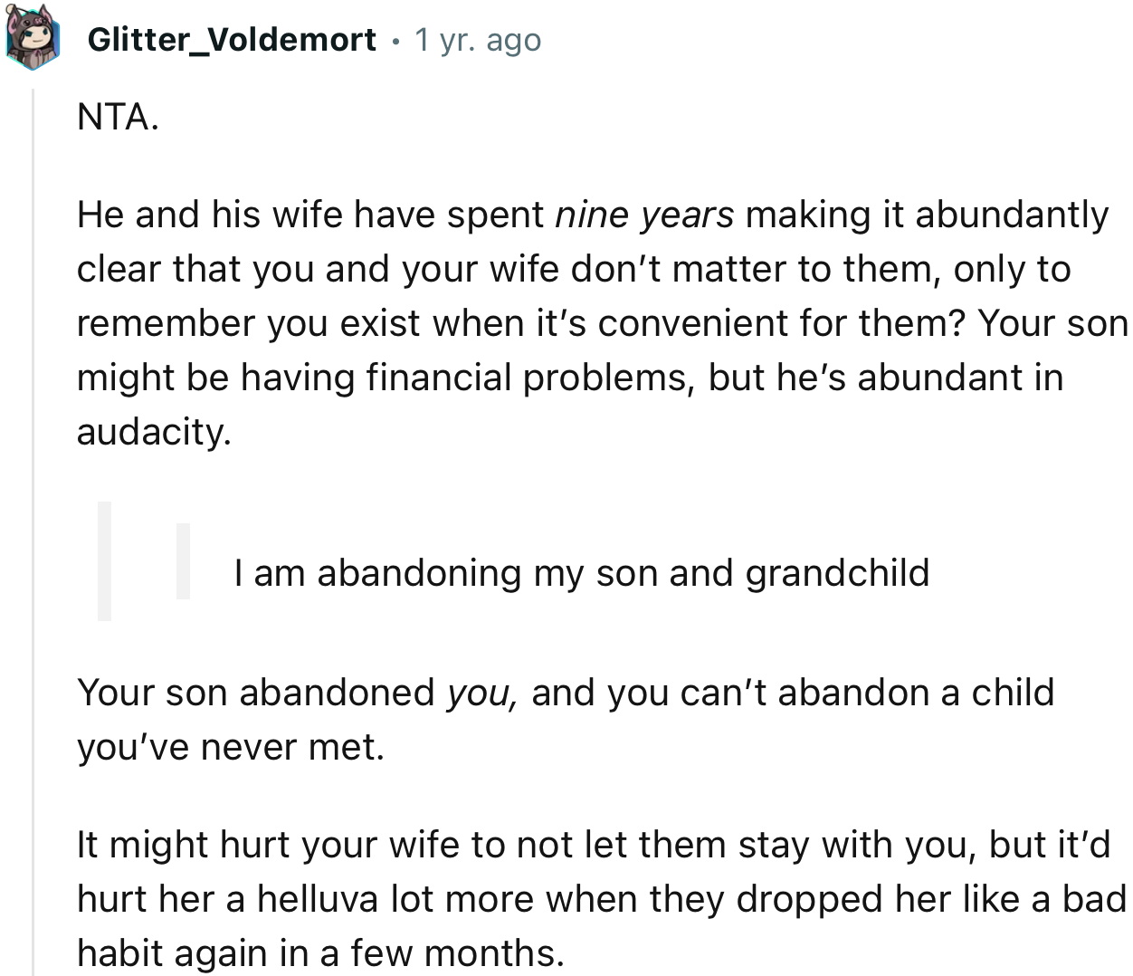 “NTA. He and his wife have spent nine years making it abundantly clear that you and your wife don’t matter to them.”