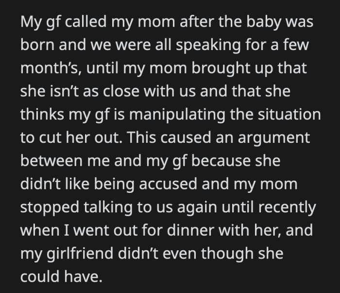 They started talking again when the baby was born, but things fell apart when OP's mom lamented that they aren't as close as she wanted them to be.