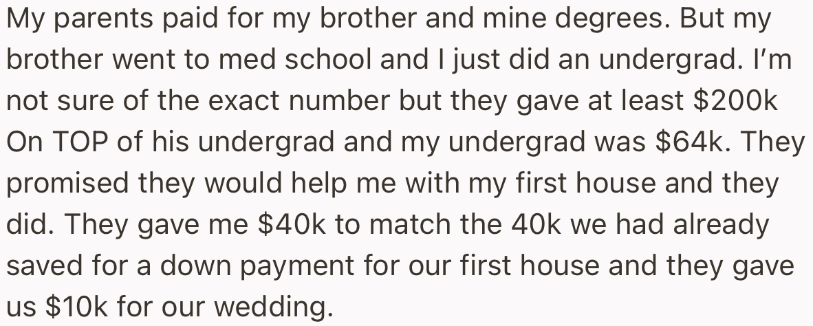 Over the years, OP’s parents have been very financially supportive of her and her brother, from their schooling to housing to even her weddings.