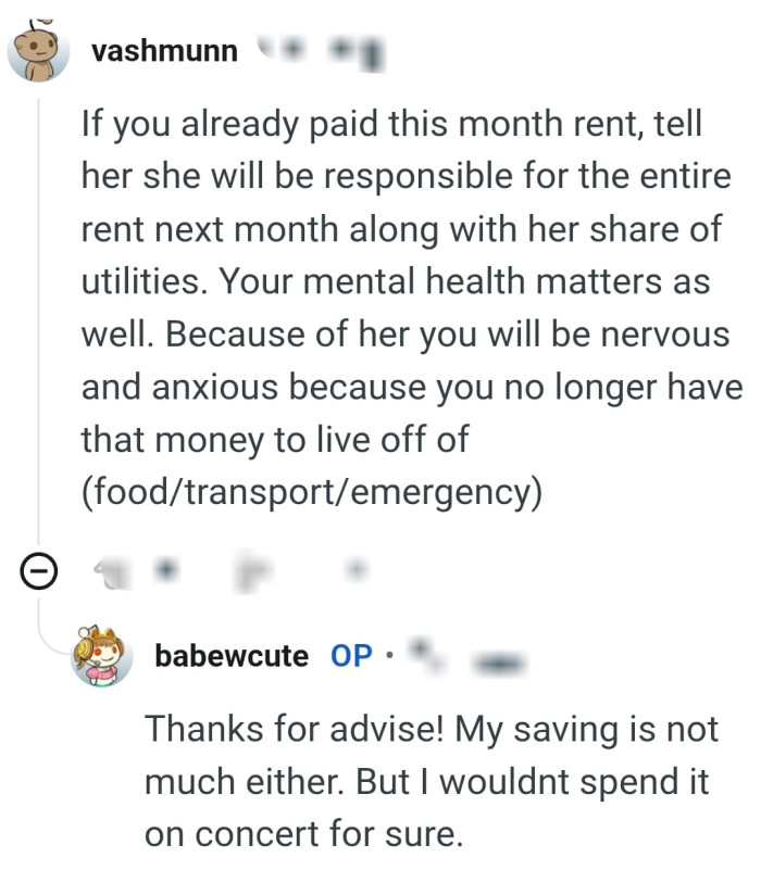 She will be responsible for the entire rent next month