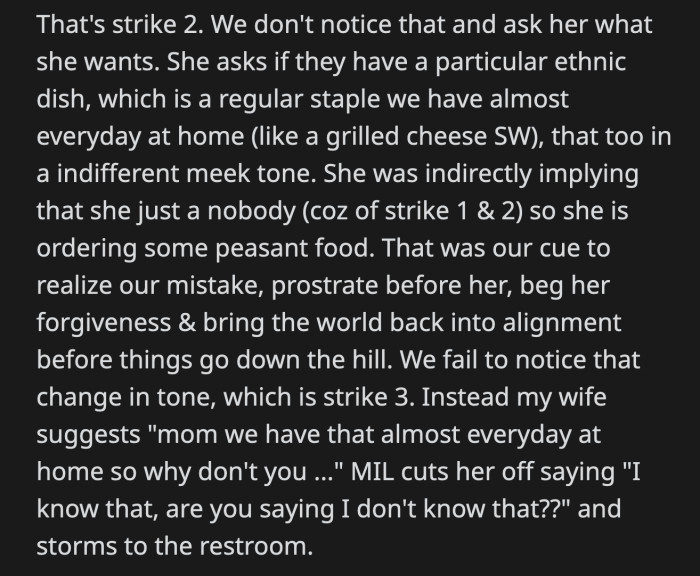 MIL came back and yelled at her daughter for humiliating her. She cried in the middle of the busy restaurant. OP's wife was trying to placate her mom, which didn't work, and MIL decided to stew outside.