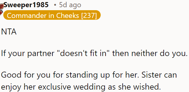 If the OP's partner doesn't fit in, neither does he, so it's great that the OP supported her and let her have the wedding she wanted.