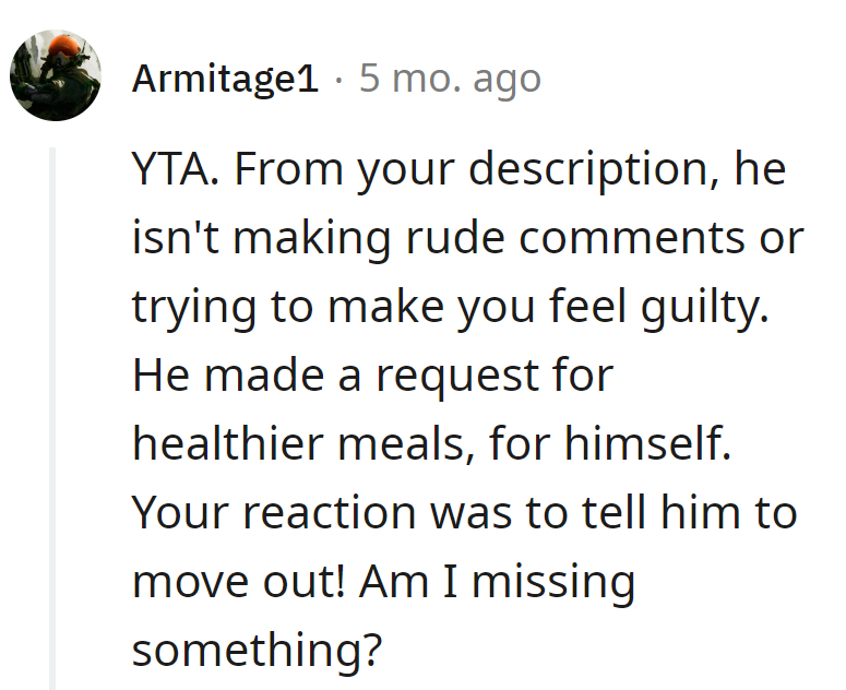 He asked for healthier meals, not a new address. Maybe it's time for a kitchen compromise, not a marital move-out!