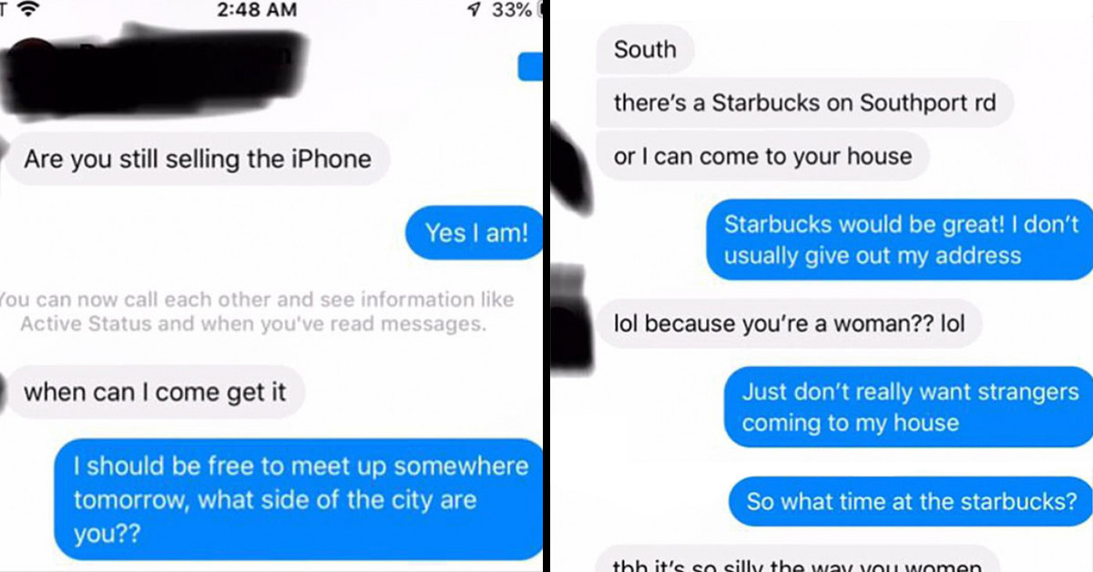 "Nice Guy" Gets Aggressive When Woman on Facebook Marketplace Refuses to Give Him Her Home Address