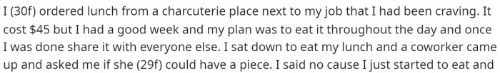 OP started off the post by getting right into the details of the interaction and what type of meal she was eating.