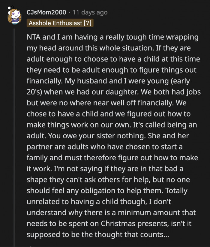 OP, nor anyone else in their family, should feel obliged to financially support her adult sister. It was Katrina's choice to have a baby; it is up to her to make sure that baby is well taken care of.