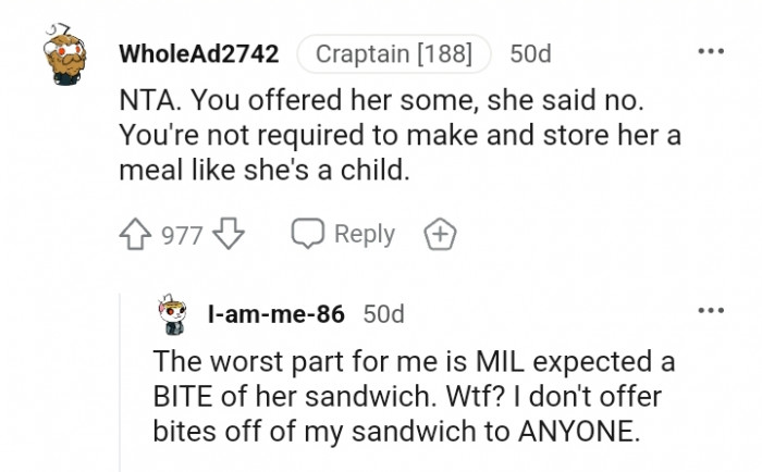 You're not required to make or store her a meal