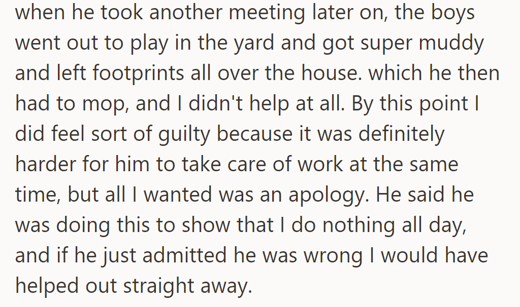 He juggled work and childcare alone while the boys made a mess, expecting an apology, but he insisted she should have helped immediately.