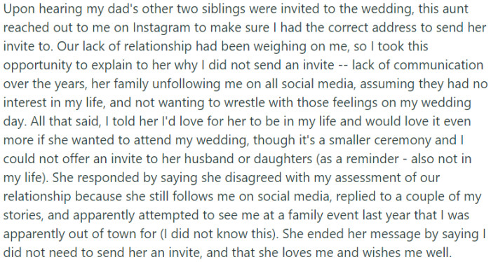 OP confronted her distant aunt about their strained relationship and explained her decision not to invite her to the wedding, expressing a desire for a closer bond