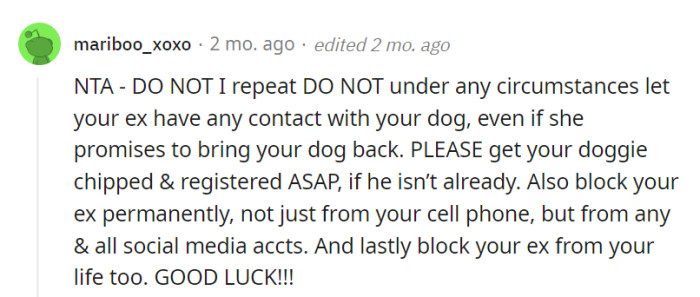 OP should prioritize the dog's safety, get them microchipped, and sever ties with the ex for good.