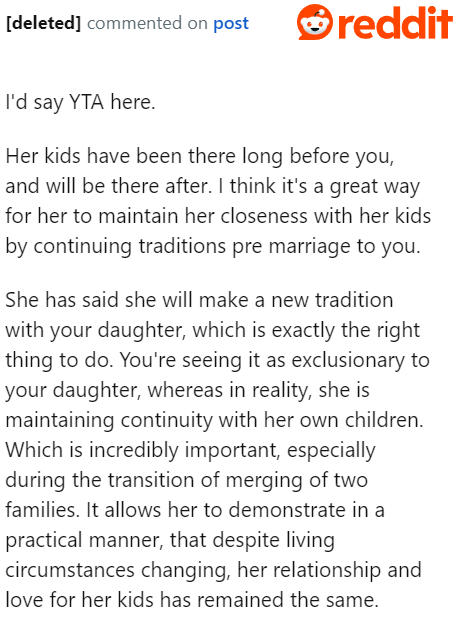Most Redditors agree that the OP is the a-hole for trying to destroy the tradition his wife started even before they got married.