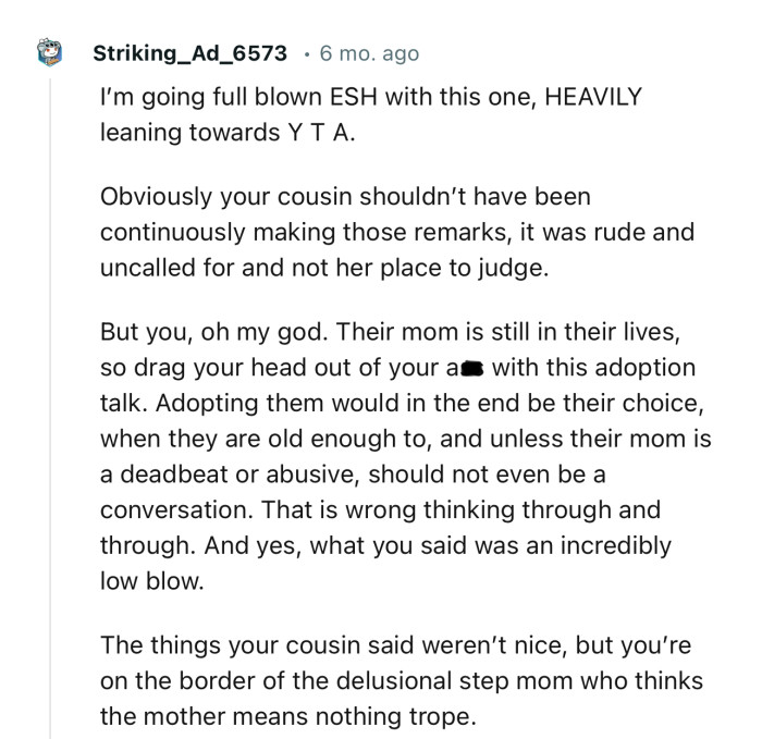 “The things your cousin said weren’t nice, but you’re on the border of the delusional stepmom who thinks the mother means nothing trope.”