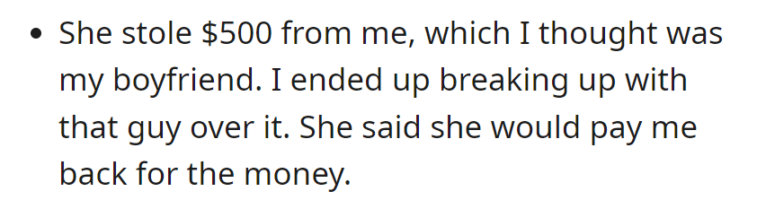 Luna took $500, mistaken for OP's boyfriend, resulting in their breakup. Luna promised to repay the money.