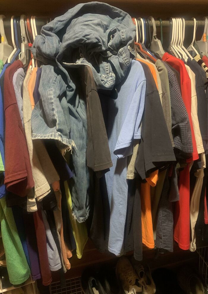 "Recently Moved In With My Boyfriend Who Has A Habit Of Leaving His Clothes On The Floor. I Asked Him To Put His Jeans Away In His Closet And This Is What I Found Later"