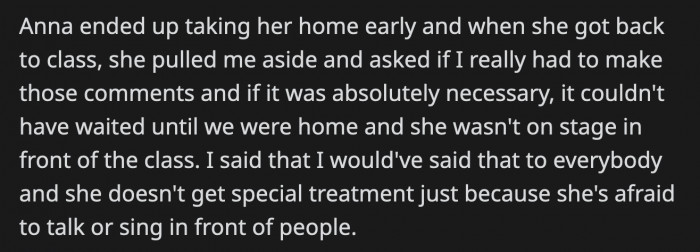 OP was confronted about her criticisms