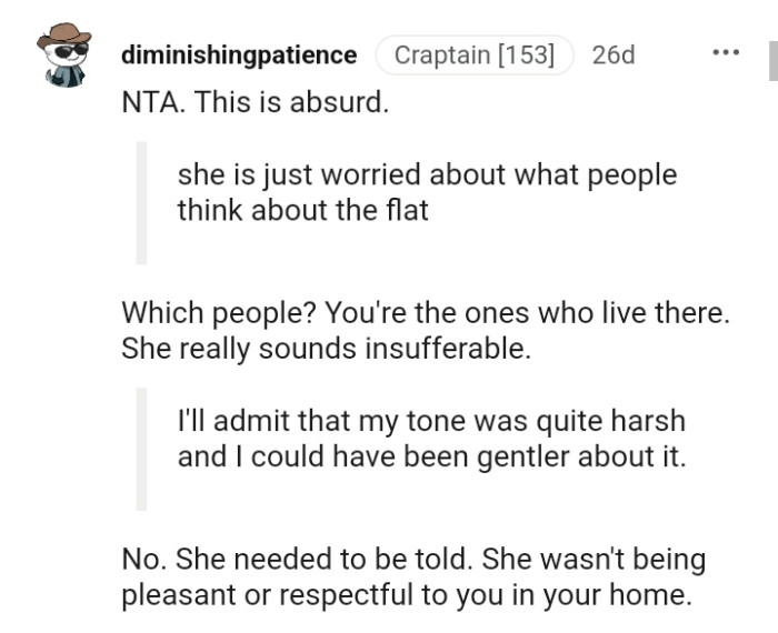 OP's mom was neither pleasant nor respectful in his home