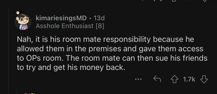 The roommate allowed them in and should take full responsibility.