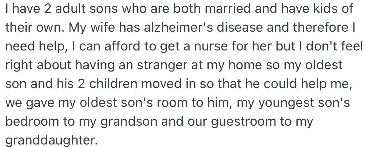 Due to OP’s wife’s disease, their oldest married son and his two children moved back home to help. To ensure their comfort, OP gave all the available rooms to them.