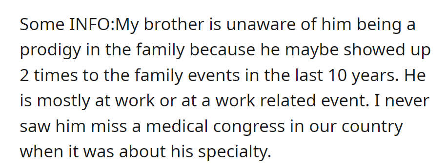 Brother, considered a prodigy, rarely attends family events. Devoted to work, never misses a medical congress in his specialty.