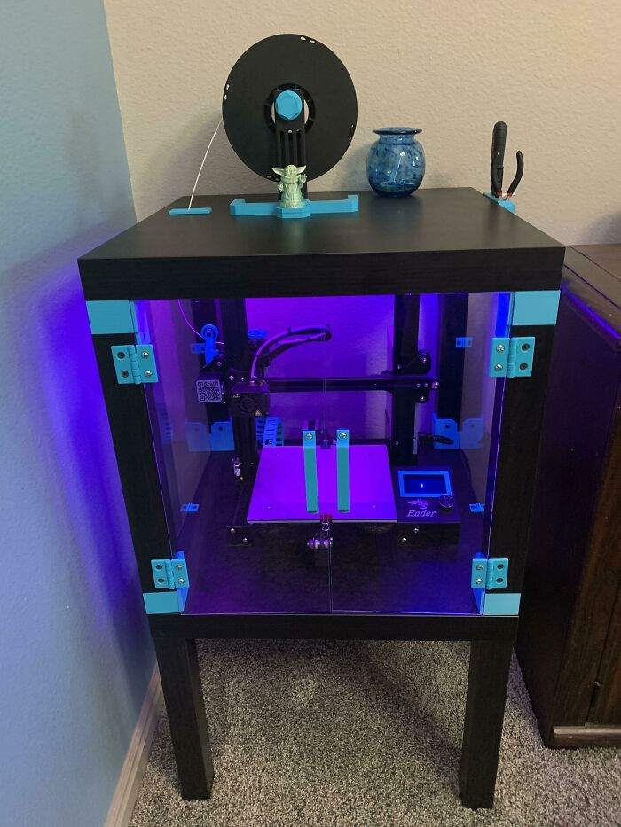 46. A 3D printer enclosure built from two IKEA Lack side tables