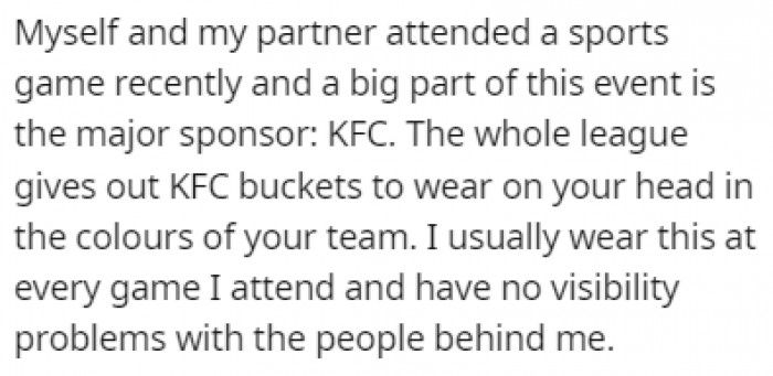 OP and Their Partner Went to a Sports Game, and the Big Part of This Event Are the Buckets That Everyone Is Given
