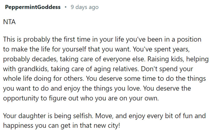 OP can finally do something for herself after years of taking care of a family