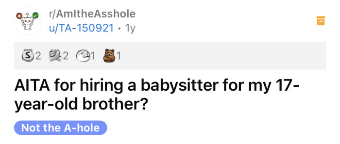 The OP asked if he's an a**hole for hiring a babysitter for his teenage brother.