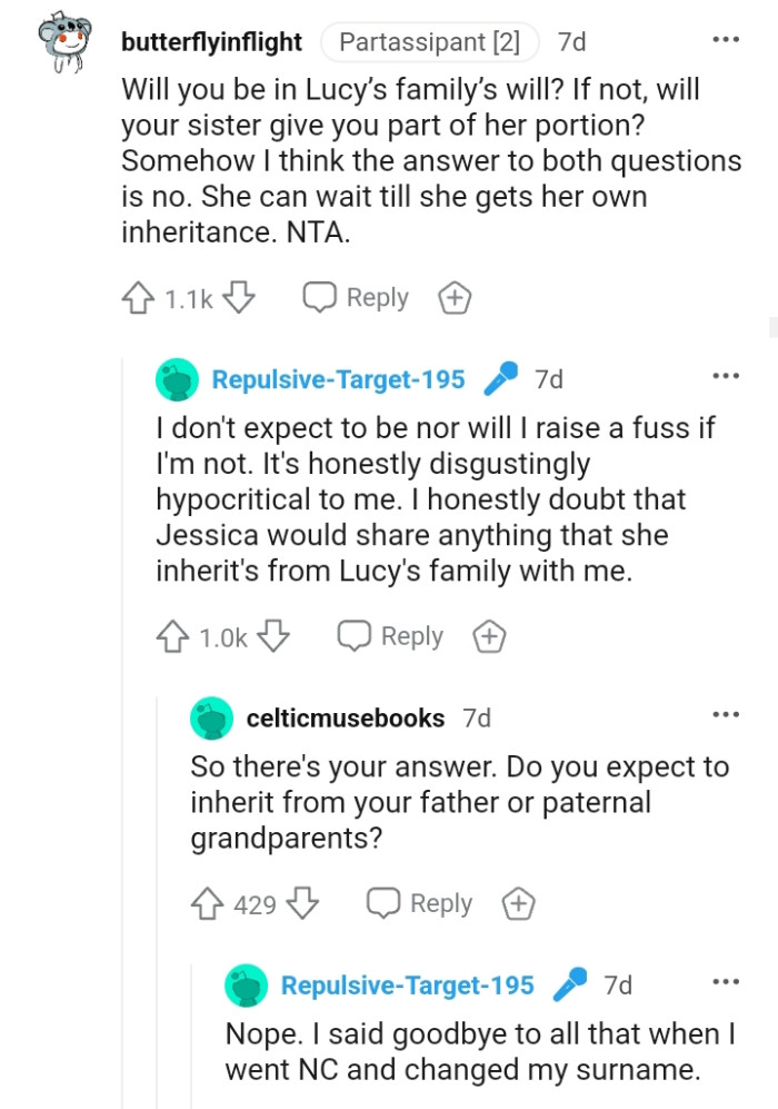 She can wait until she gets her own inheritance