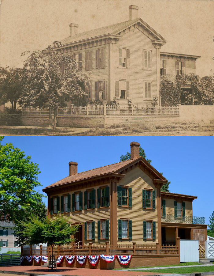 "Abraham Lincoln's Home, Springfield, Illinois. Seen Here In 1861 And Today"