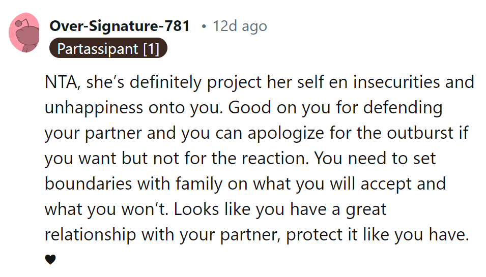 OP defended their partner, set boundaries, and kept rocking that great relationship!