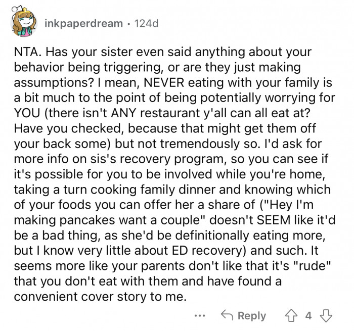 The parents are making assumptions about the sister's condition.