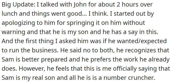 The OP added a big update, saying he talked to his son: