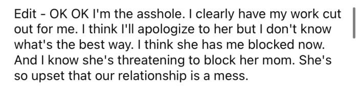 In a later edit, the OP said he planned to apologize to his daughter.